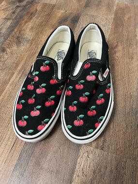 Vans Black Slip-On Sneakers with Red Cherry Print